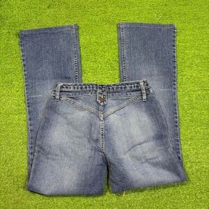 Y2K No Boundaries Bareback Denim Blue Flare Jeans Wide Belt Loop‎ Double Button